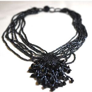 Vintage Blue Seed Bead Multi Strand Black Onyx Nugget Clusters 16" Boho Necklace